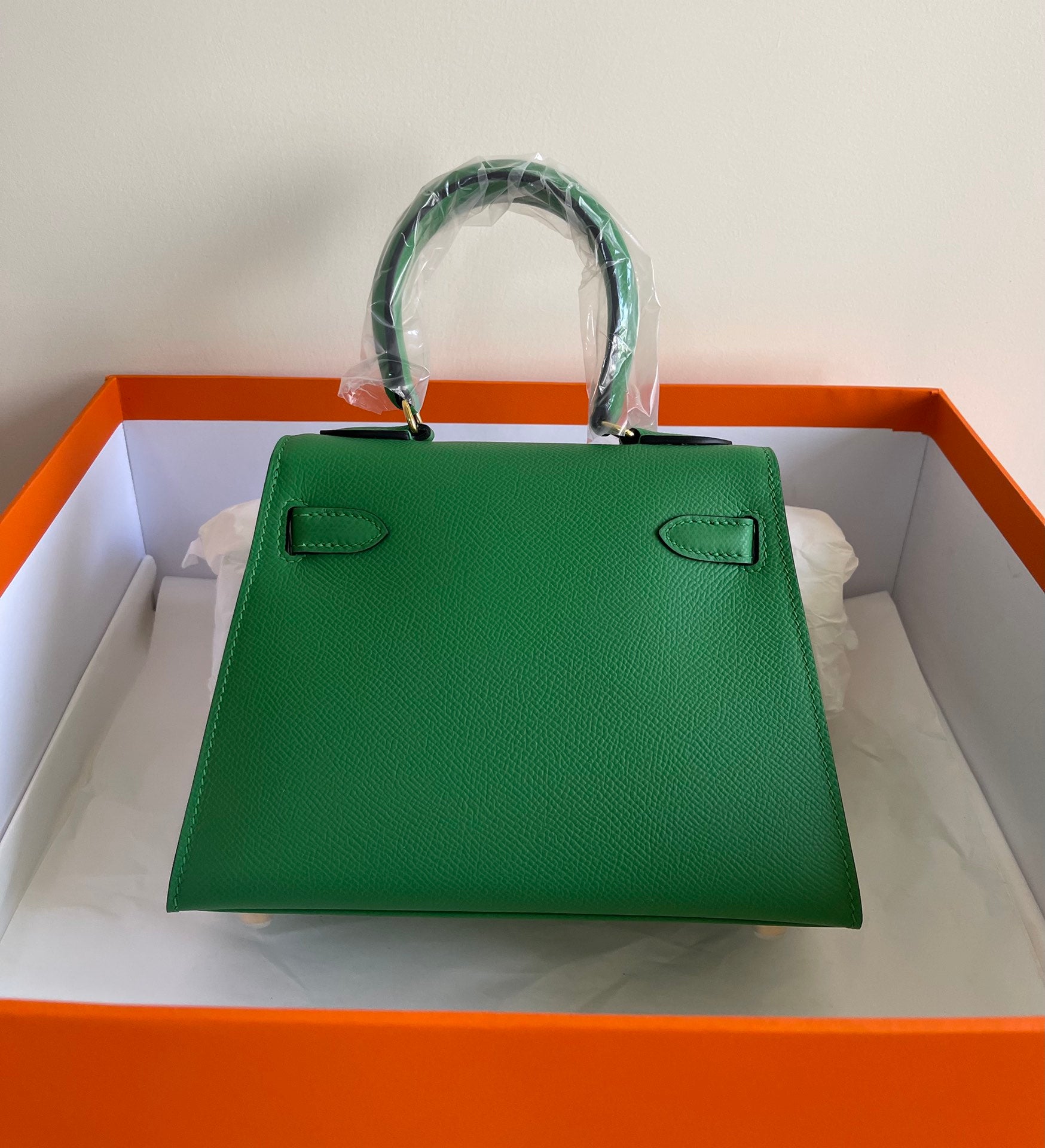 ケリー ミニ 20 バッグ エメラルドグリーン カーフスキン ゴールド金具 (オーダーメイド)