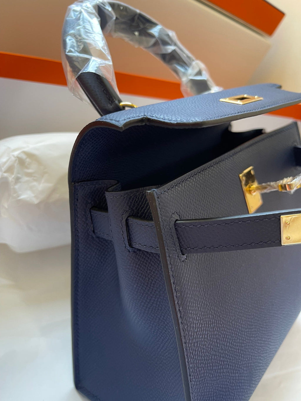KELLY MINI 20 BAG IN NAVY BLUE CALFSKIN WITH GOLD HARDWARE (MADE-TO-ODER)