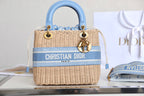 LADY 24 BASKET BAG IN BLUE OBLIQUE JACQUARD MIX BEIGE WICKER