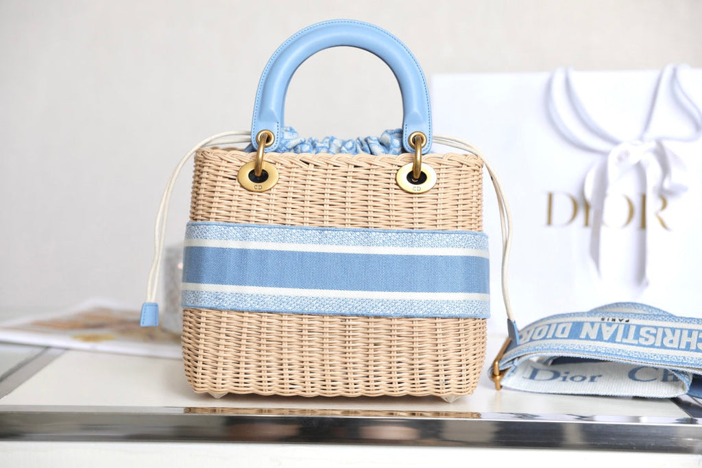 LADY 24 BASKET BAG IN BLUE OBLIQUE JACQUARD MIX BEIGE WICKER