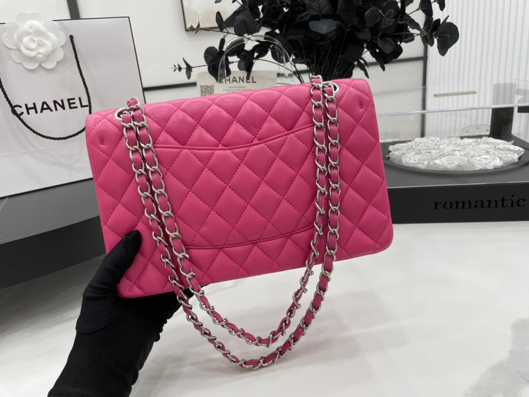CC 25 CLASSIC SMALL DOUBLE FLAP BAG IN BRIGHT PINK CALFSKIN WITH STRAP