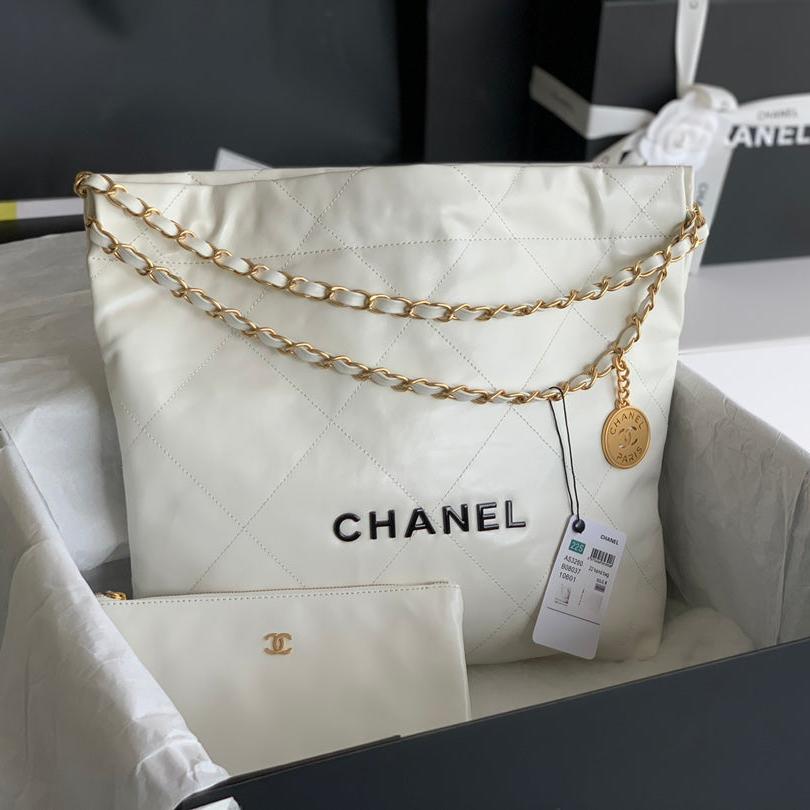 CCラージ42ハンドバッグ、ホワイトシャイニーカーフスキン、ゴールド金具