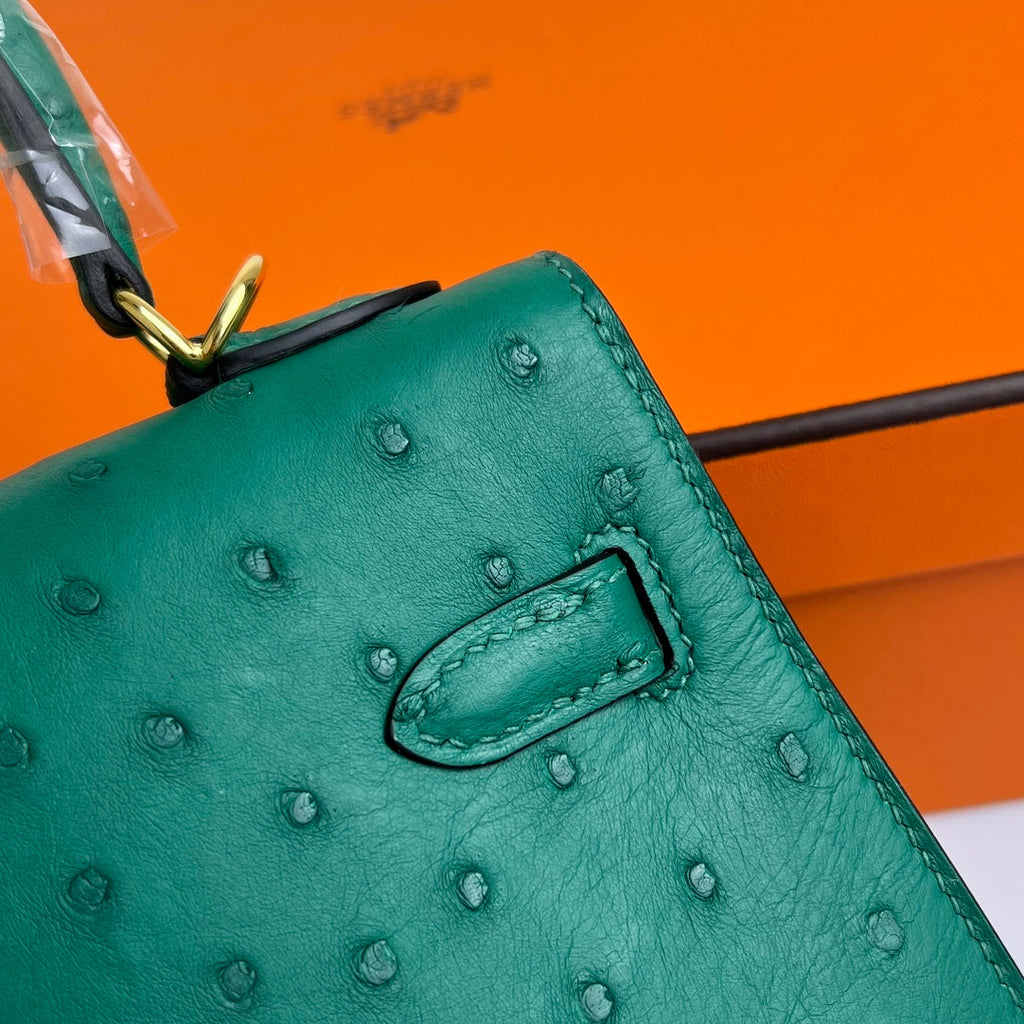 ケリーバッグ 20 ティールグリーン オーストリッチレザー ゴールド金具 (オーダーメイド)