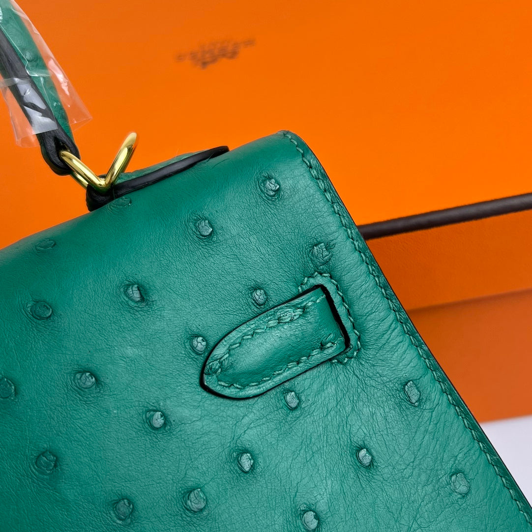 ケリーバッグ 20 ティールグリーン オーストリッチレザー ゴールド金具 (オーダーメイド)
