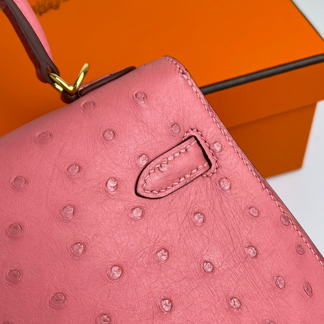 ケリーバッグ 20 ルージュピンク オーストリッチレザー ゴールド金具 (オーダーメイド)