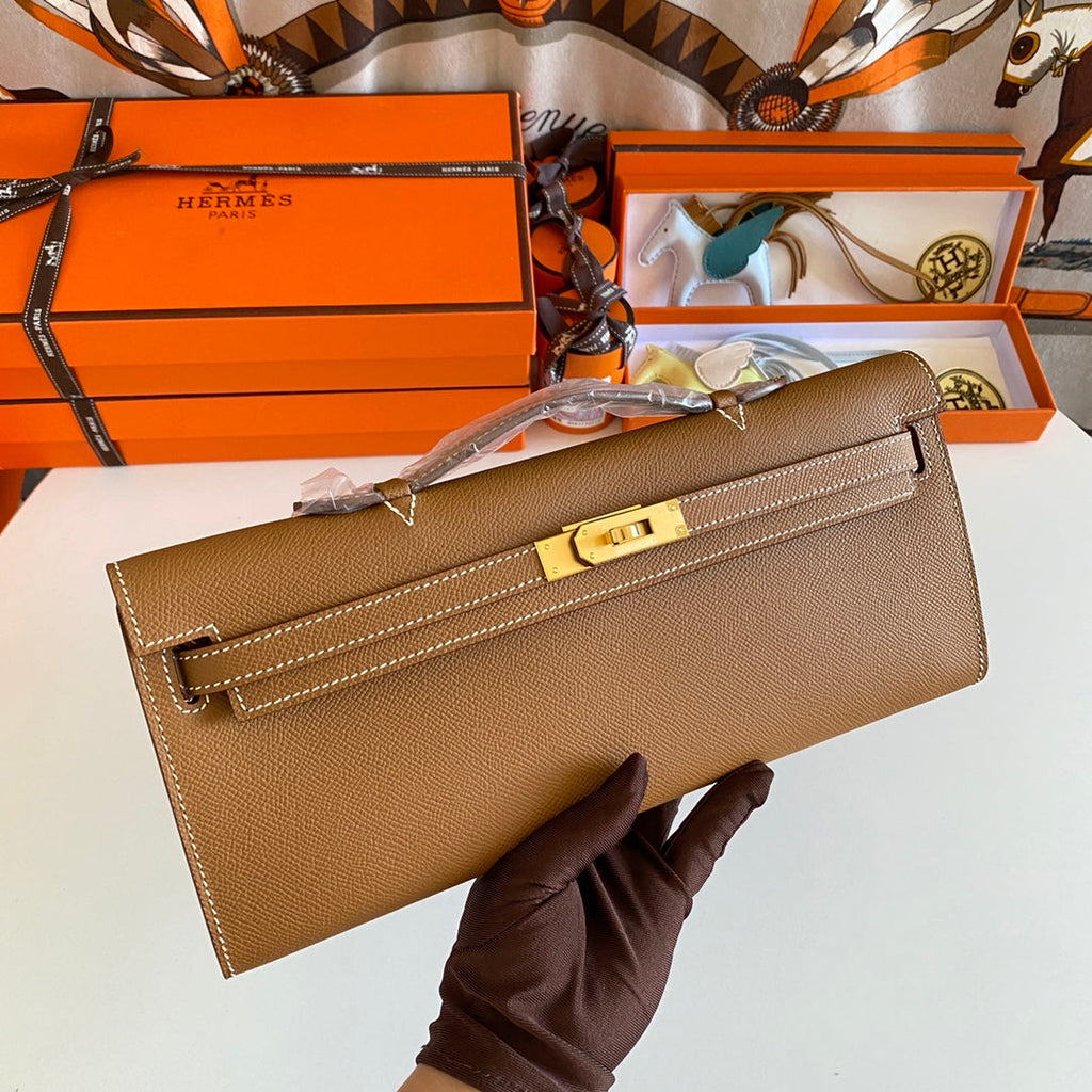 KELLY CUT 31 IN BRONZE BROWN CALFSKIN WITH GOLD HARDWARE