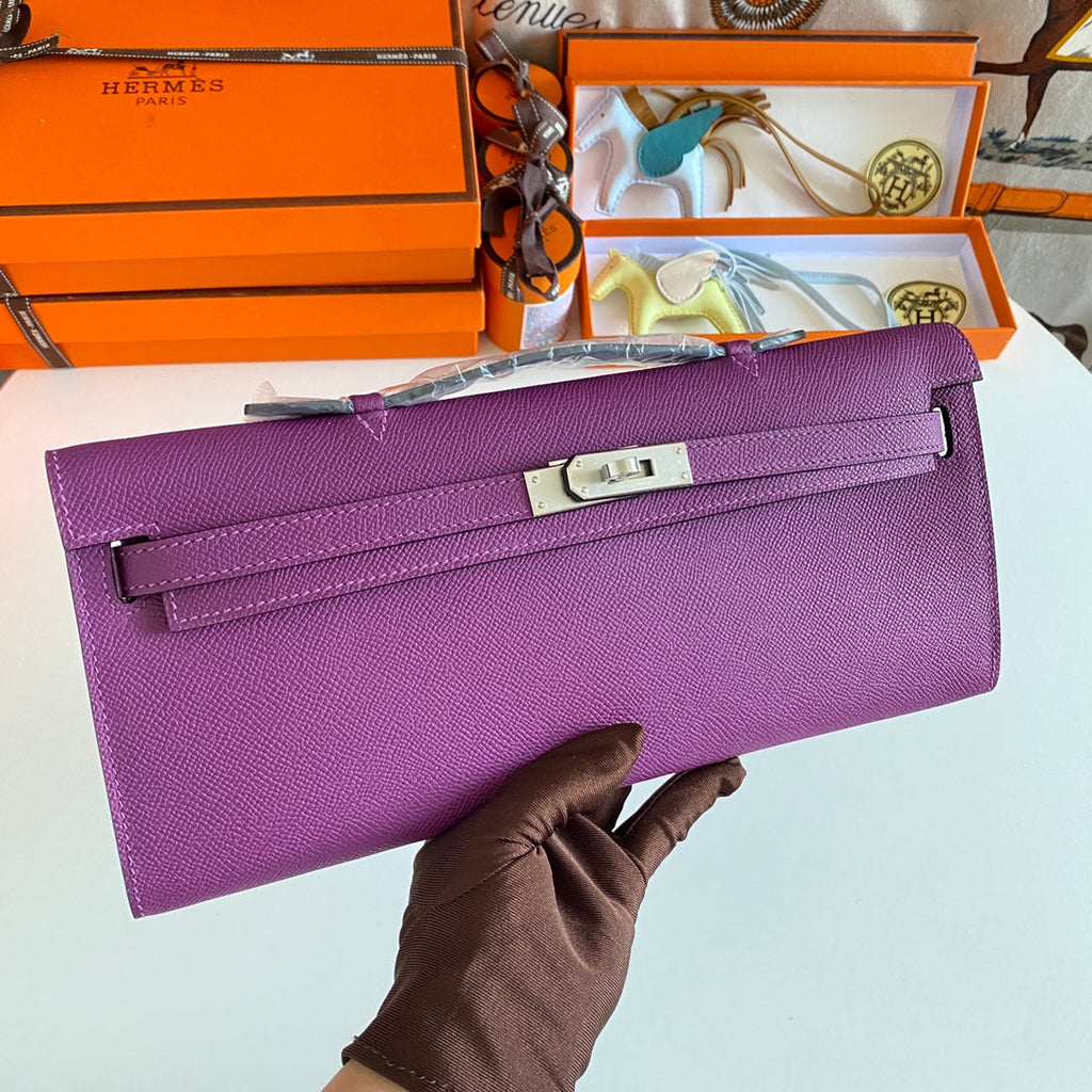 KELLY CUT 31 IN VIOLET PURPLE CALFSKIN WITH SILVER HARDWARE