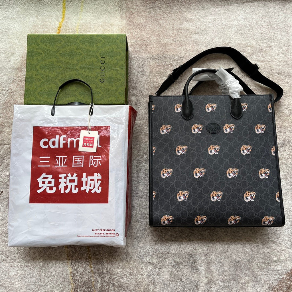 タイガープリント ミディアム トートバッグ 38 ブラック キャンバス＆レザートリム