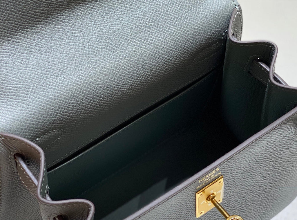 KELLY MINI 20 BAG IN SHARK GRAY CALFSKIN WITH GOLD HARDWARE (MADE-TO-ODER)