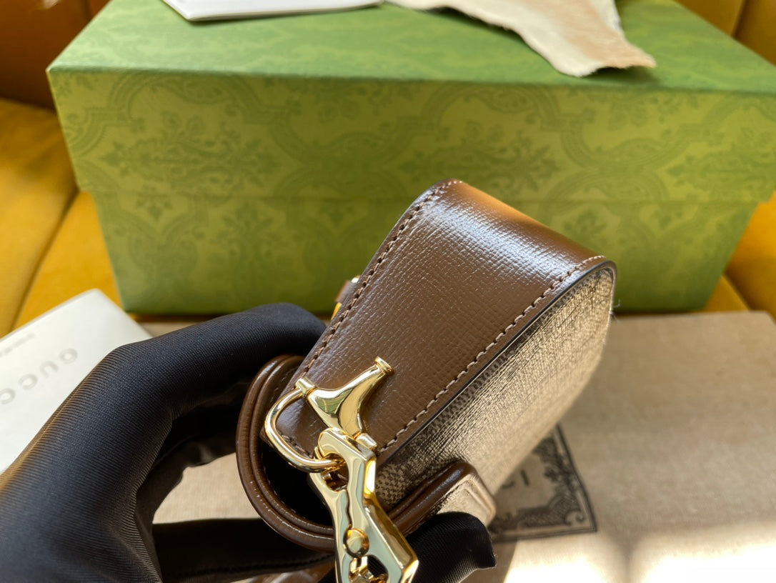 GG 12 ホースビット 1955 スーパーミニバッグ ベージュキャンバス＆エボニーカーフスキン