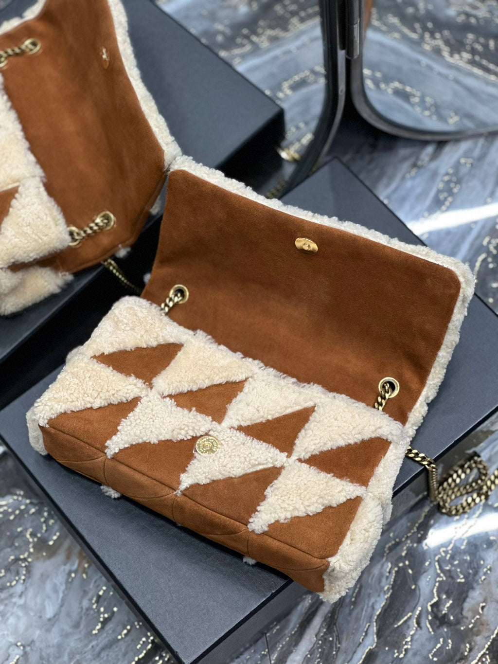 ジェイミーバッグ 25インチ ブラウンスエードミックスベージュシアリングゴールド金具