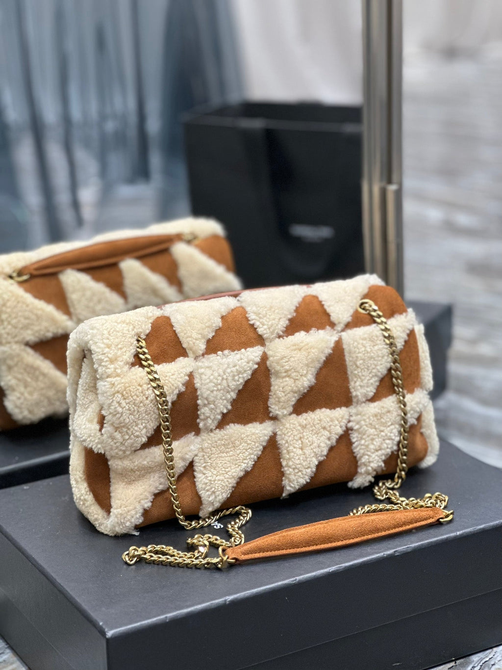 ジェイミーバッグ 25インチ ブラウンスエードミックスベージュシアリングゴールド金具