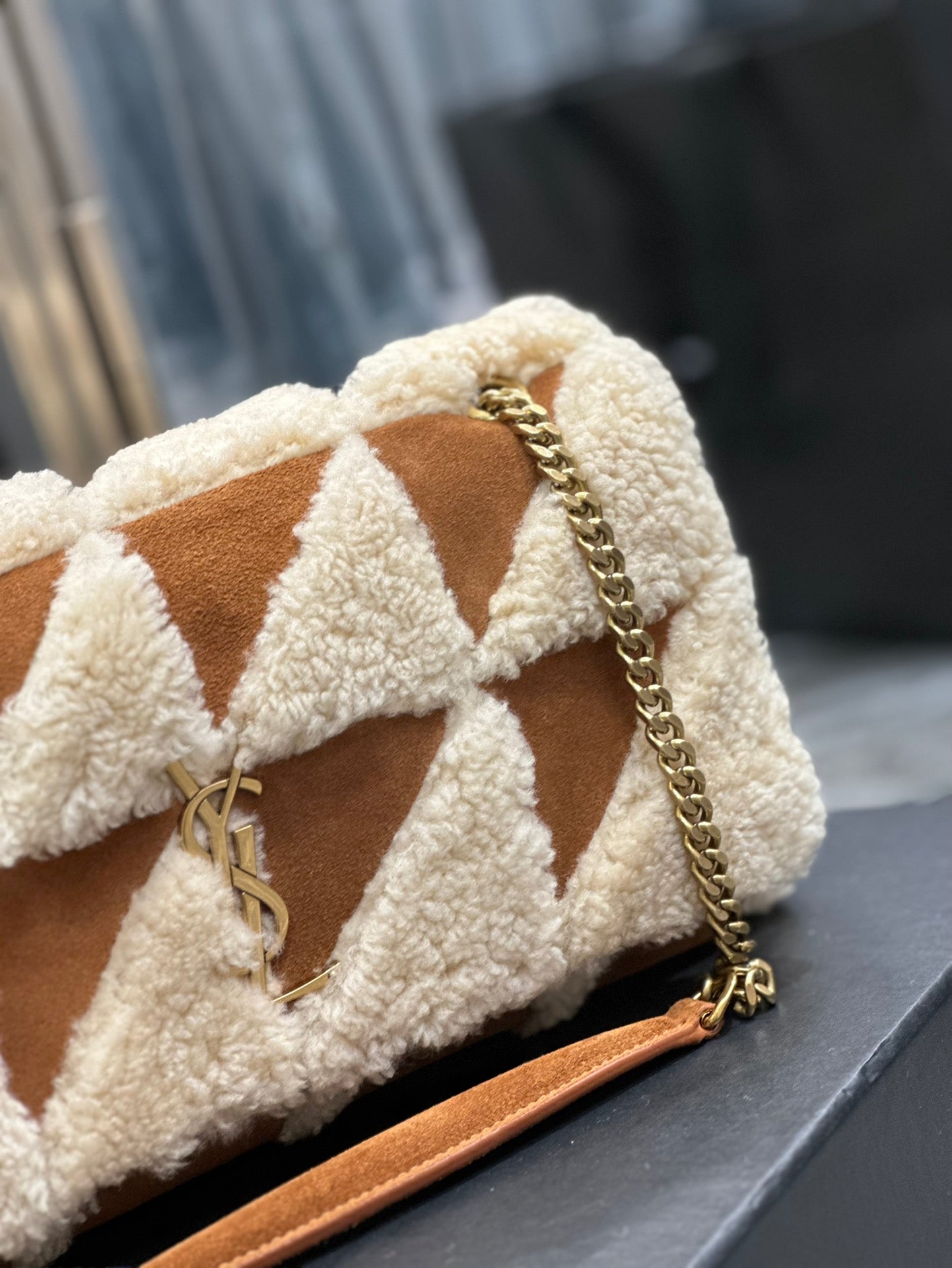 ジェイミーバッグ 25インチ ブラウンスエードミックスベージュシアリングゴールド金具