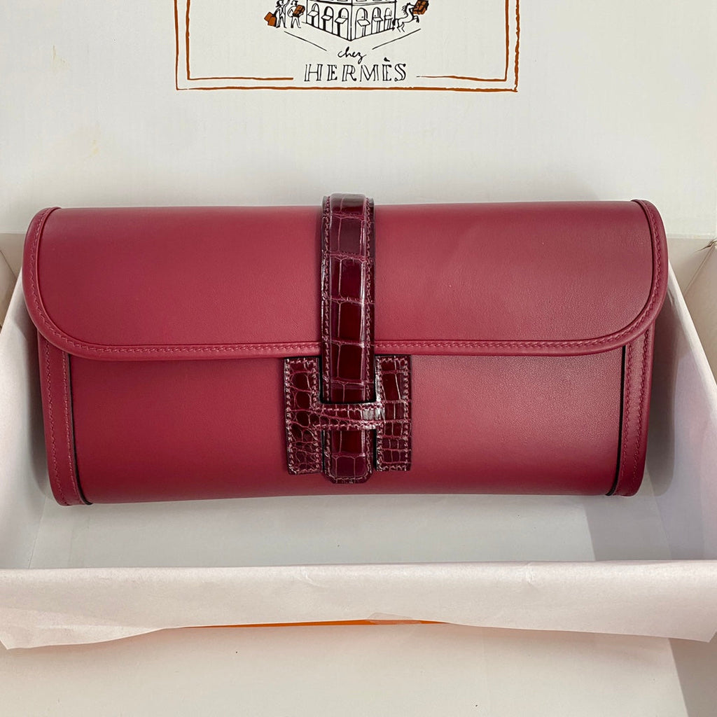 JIGE ELAN 29 CLUTCH IN CHERRY RED CALFSKIN WITH WINE RED LIZARD SKIN (MADE-TO-ODER)