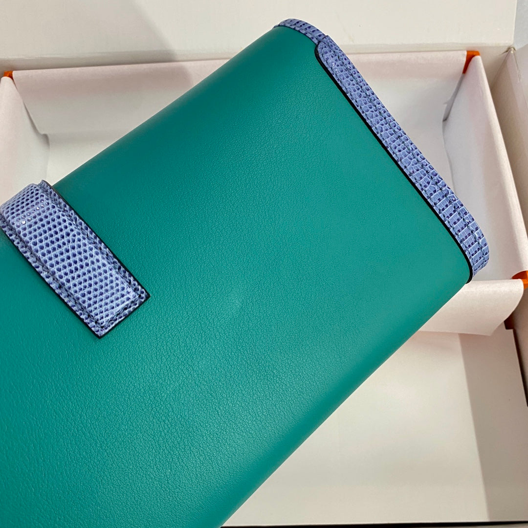 JIGE ELAN 29 CLUTCH IN TEAL GREEN CALFSKIN WITH ROYAL BLUE LIZARD SKIN (MADE-TO-ODER)