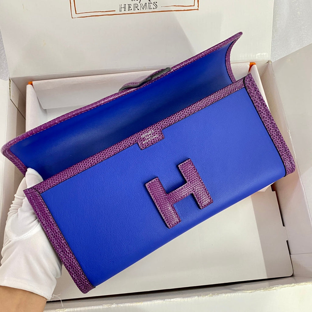 JIGE ELAN 29 CLUTCH IN COBALT BLUE CALFSKIN WITH VIOLET PURPLE LIZARD SKIN (MADE-TO-ODER)