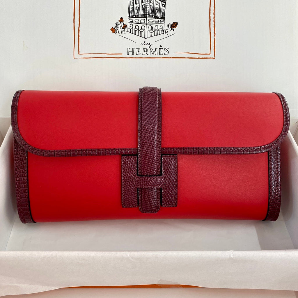 JIGE ELAN 29 CLUTCH IN CANDY RED CALFSKIN WITH WINE RED LIZARD SKIN (MADE-TO-ODER)