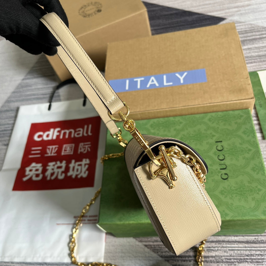 GGホースビット 1955 バッグ 24 ホワイトキャンバス＆ベージュカーフスキン