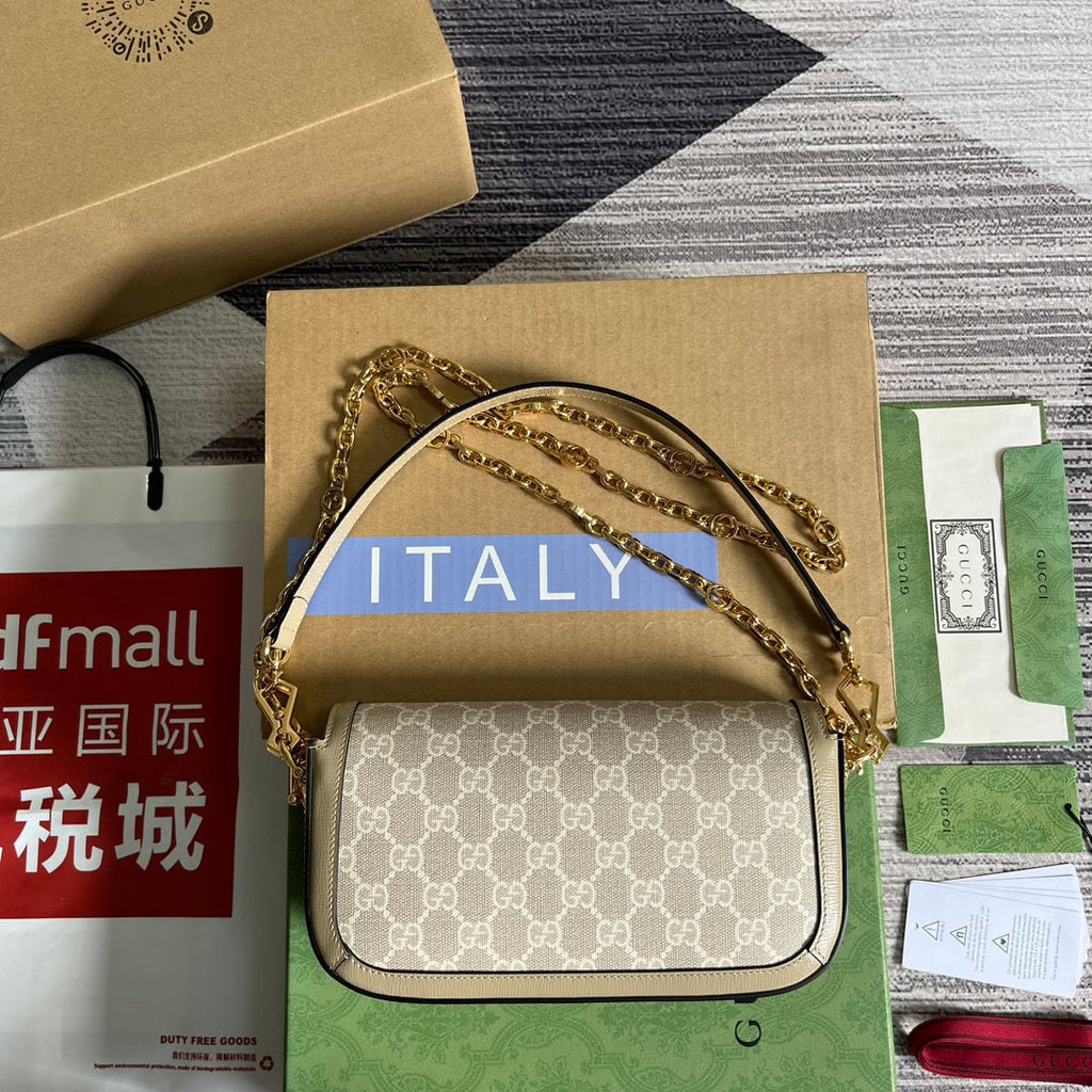 GGホースビット 1955 バッグ 24 ホワイトキャンバス＆ベージュカーフスキン