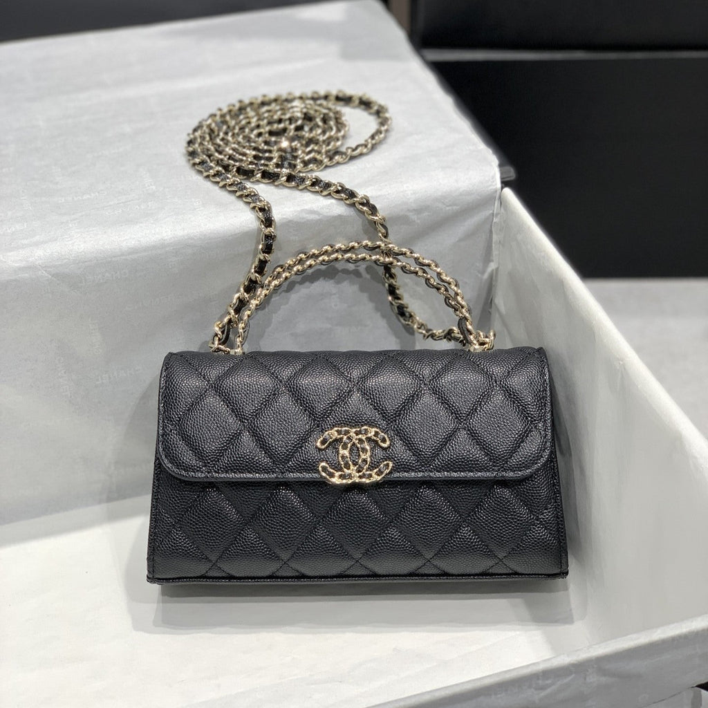 23P フラップバッグ 19cm ブラック キャビア ゴールド金具