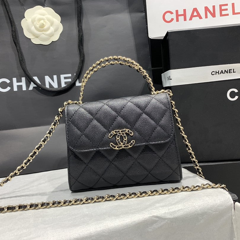 23P フラップバッグ 15cm ブラック キャビア ゴールド金具