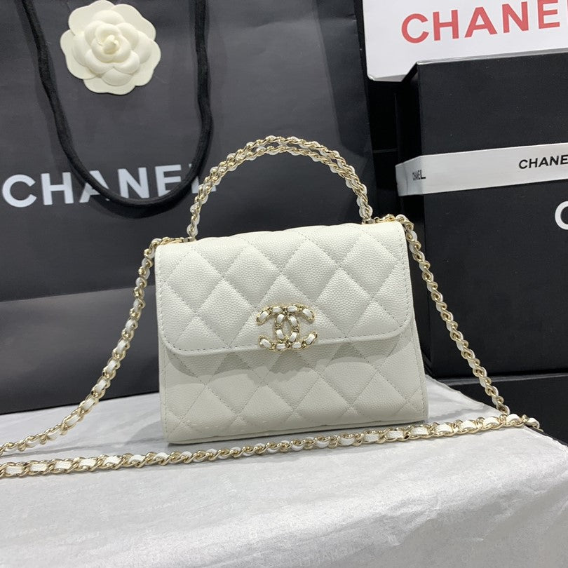 23P フラップバッグ 15cm ホワイトキャビア ゴールド金具