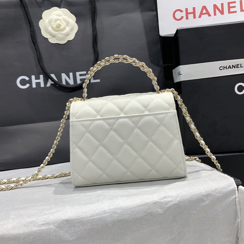 23P フラップバッグ 15cm ホワイトキャビア ゴールド金具