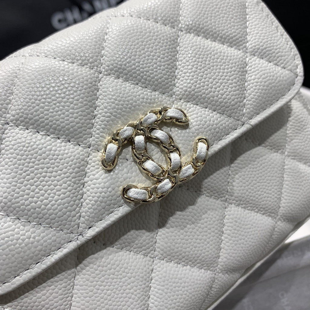 23P フラップバッグ 15cm ホワイトキャビア ゴールド金具