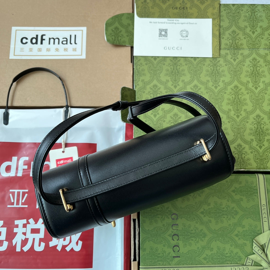 乗馬スタイル ショルダーバッグ 21インチ ブラック カーフスキン ゴールド金具