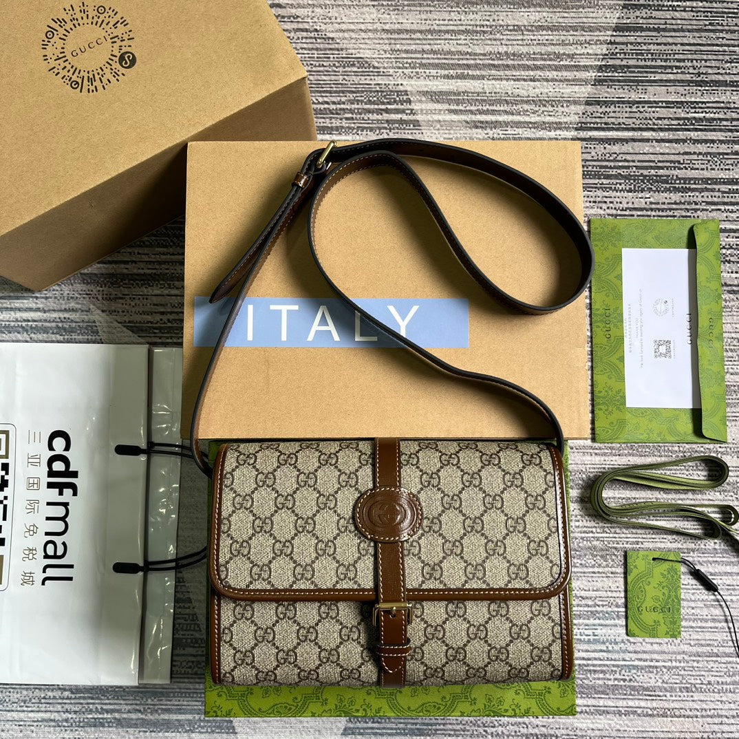 メッセンジャーバッグ 25 ベージュキャンバスとブラウンカーフスキン