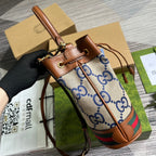 GGオフィディア スモール 26 バケットバッグ（ベージュキャンバス＆ブラウンカーフスキン）