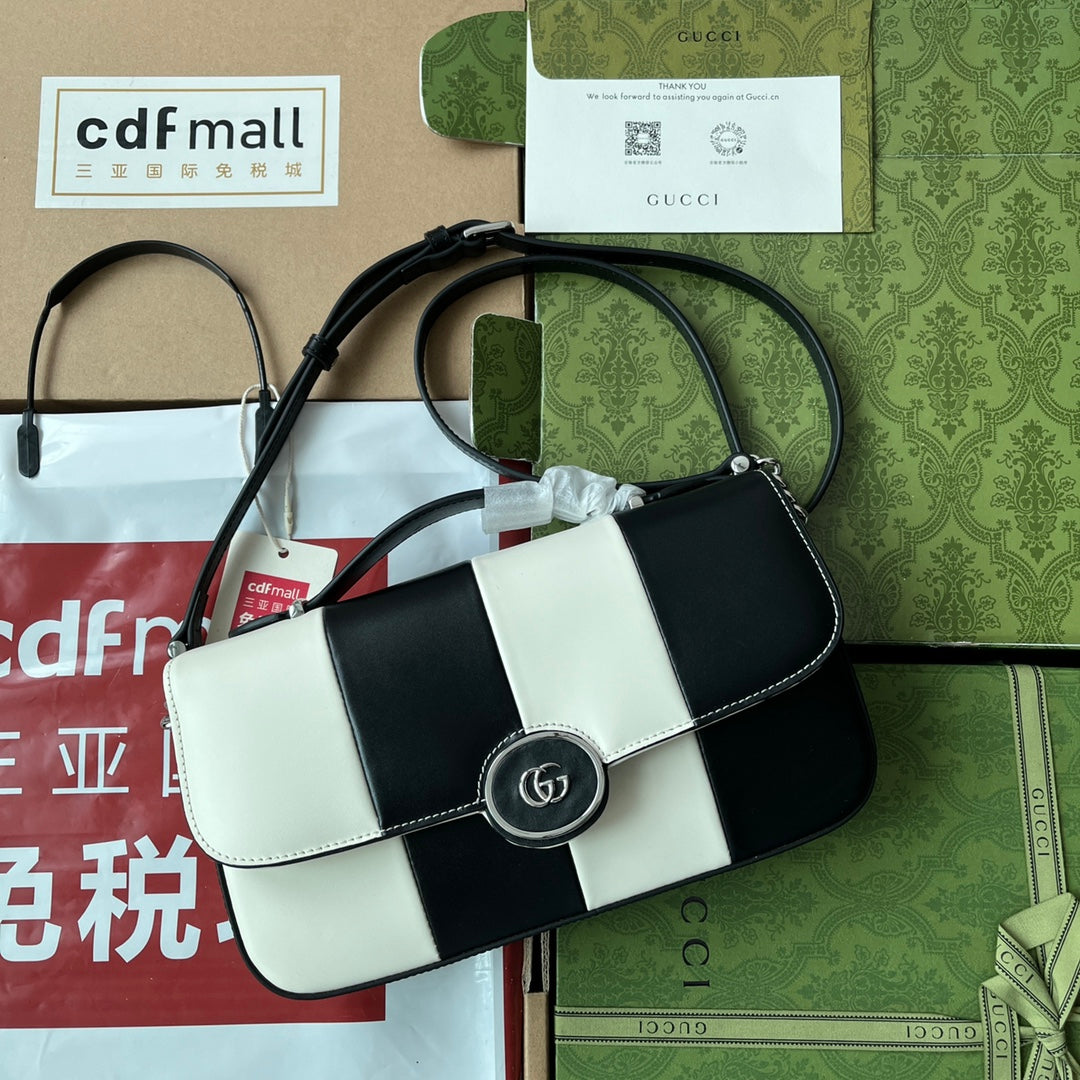 プチ スモール ショルダーバッグ 27インチ ブラック×ホワイト カーフスキン