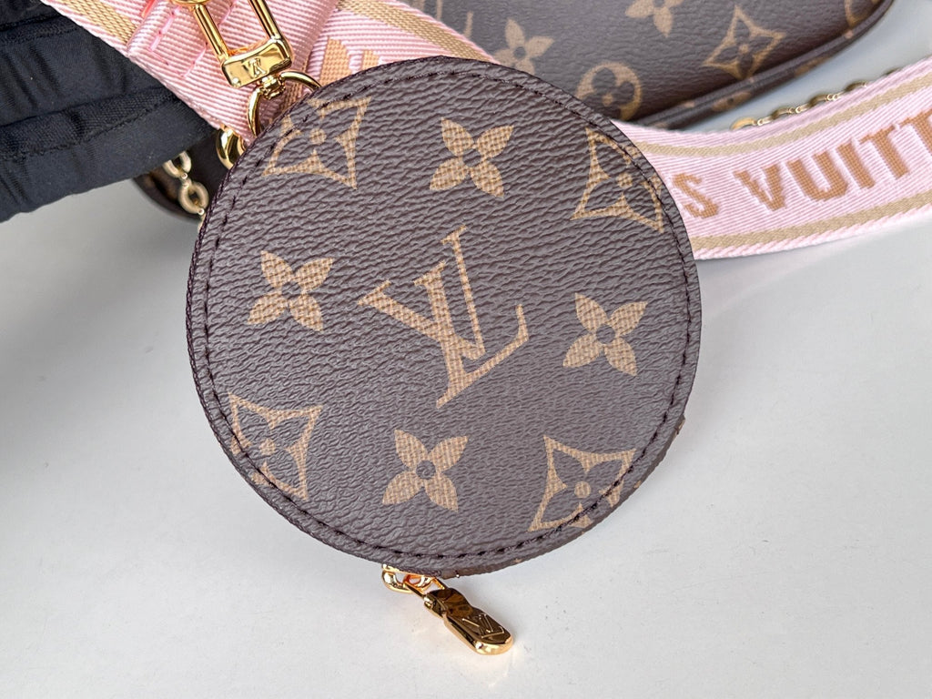 LV 25S MULTI POCHETTE ACCESSOIRES 25 IN BROWN MONOGRAM COATED CANVAS PINK STRAP