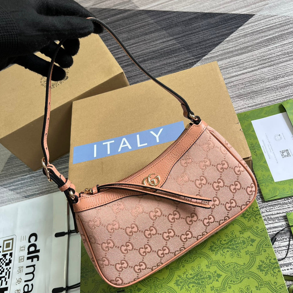 OPHIDIA GG SMALL 25 HANDBAG IN LIGHT PINK CANVAS AND CALFSKIN