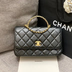 スモールフラップバッグ 24cm トップハンドル ブラック ラムスキン ゴールド金具