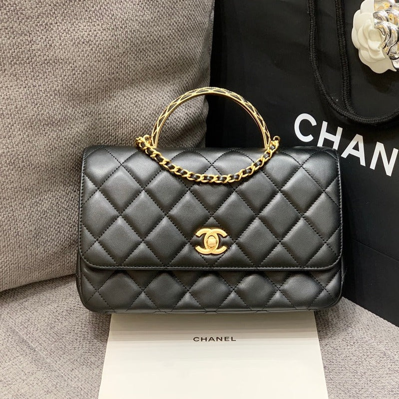 スモールフラップバッグ 24cm トップハンドル ブラック ラムスキン ゴールド金具