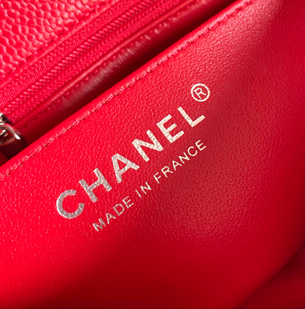 ミニ長方形フラップバッグ 20cm レッドキャビア シルバー金具