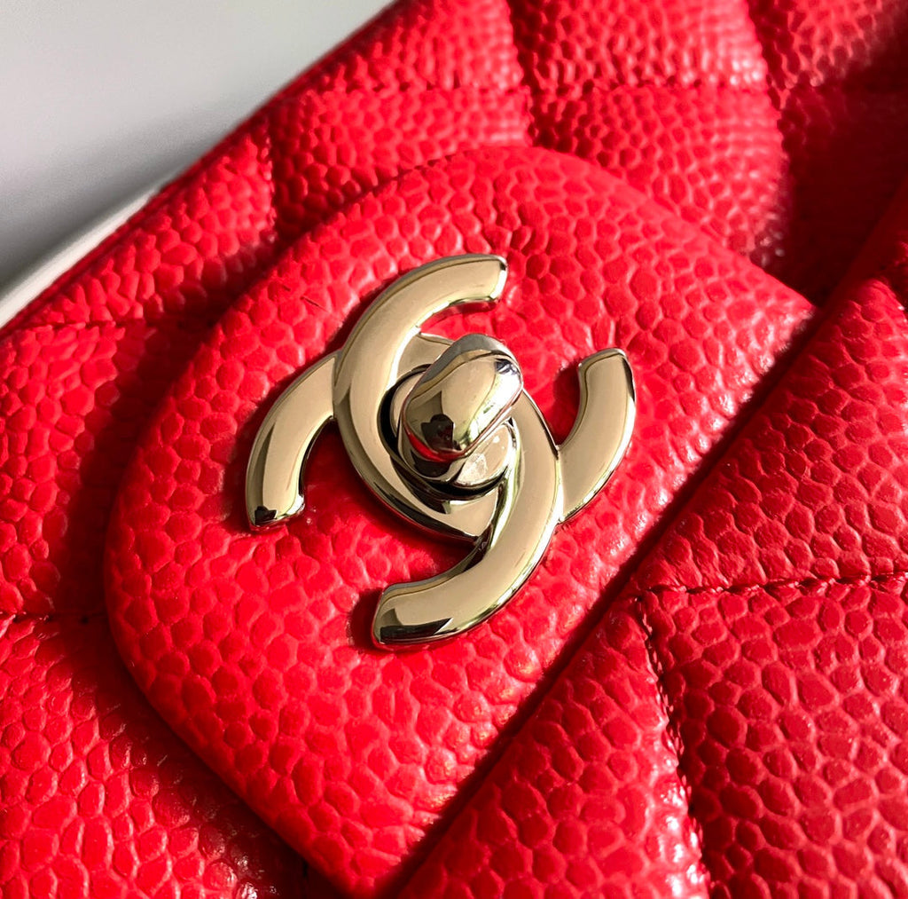 ミニ長方形フラップバッグ 20cm レッドキャビア シルバー金具