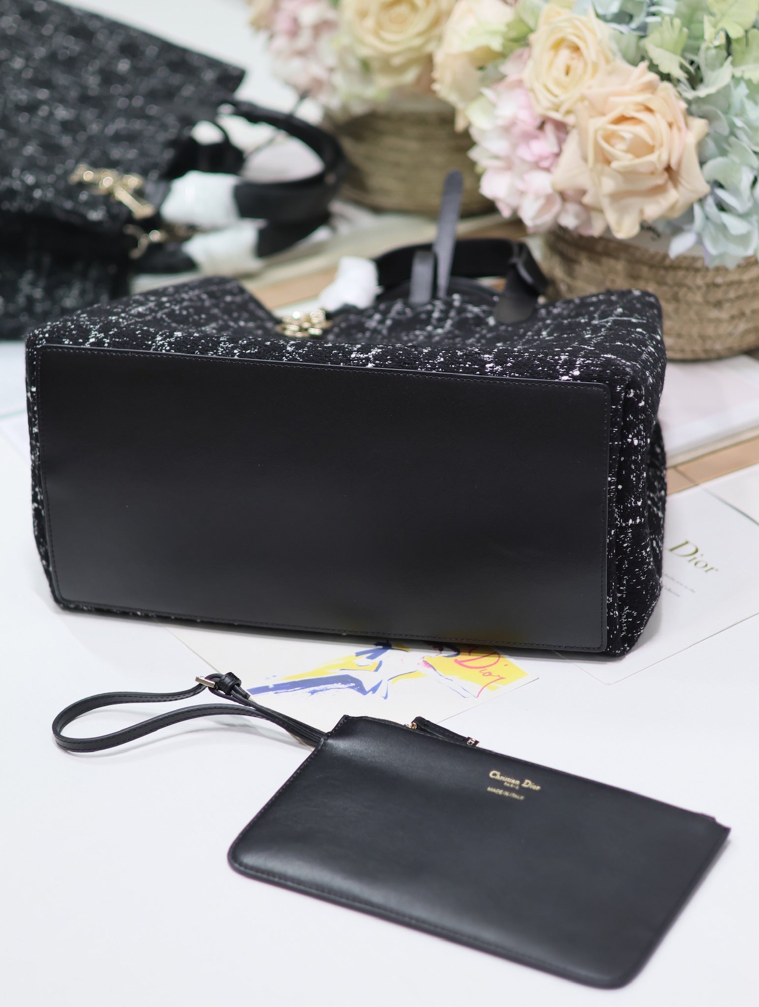 トゥジュール バッグ 37 ブラック×ホワイト カナージュツイード ゴールド金具