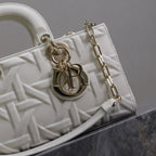 LADY D-JOY BAG 26 IN WHITE GRAPHIC CANNAGE CALFSKIN PALE GOLD-FINISH METAL CHARMS