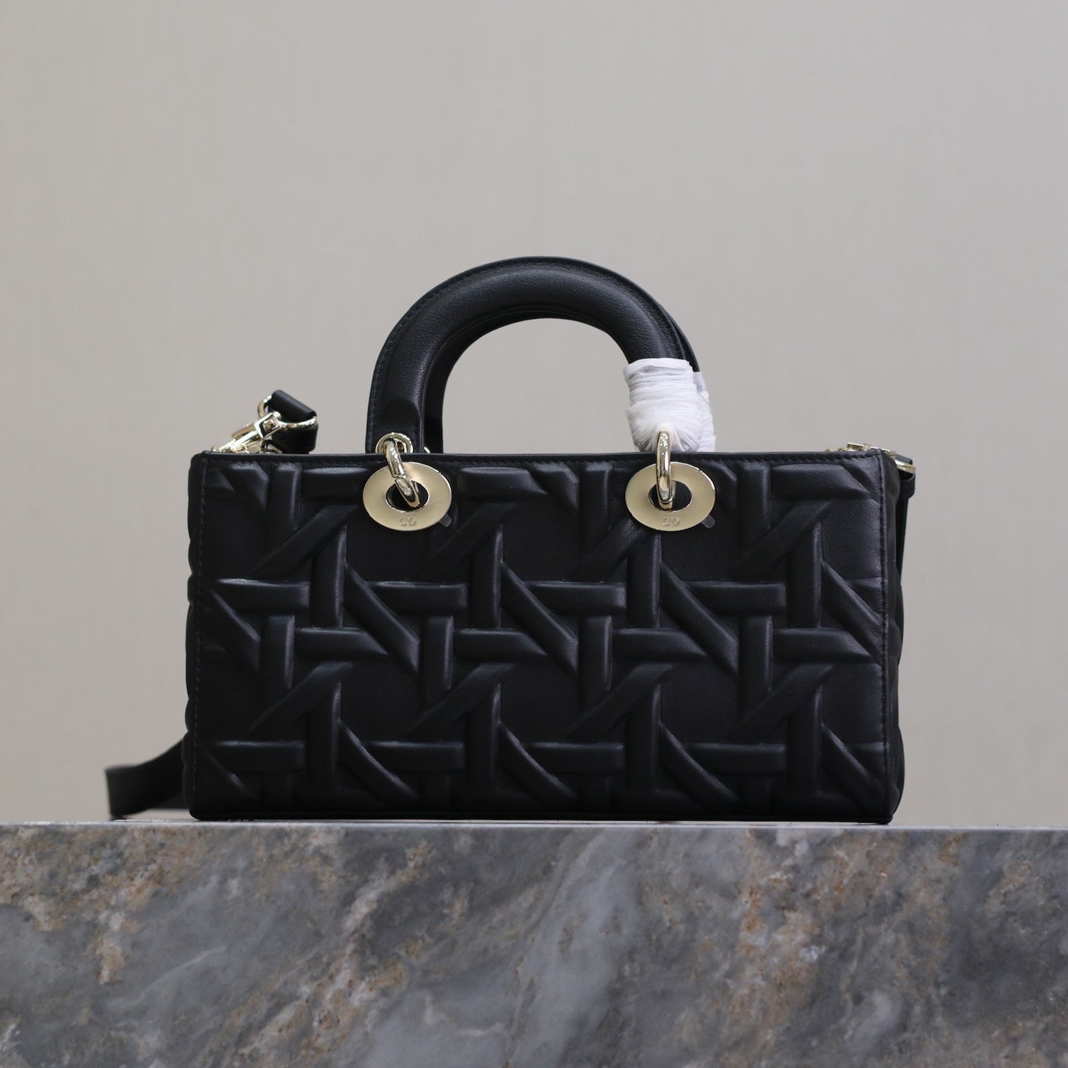 LADY D-JOY BAG 26 IN BLACK GRAPHIC CANNAGE CALFSKIN PALE GOLD-FINISH METAL CHARMS