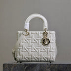 LADY BAG 24 IN WHITE GRAPHIC CANNAGE CALFSKIN PALE GOLD-FINISH METAL CHARMS