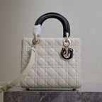 MEDIUM LADY BAG 24 IN WHITE QUILTED MACROCANNAGE CALFSKIN BLACK STRAP
