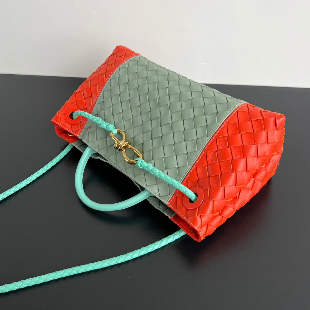 EAST WEST ANDIAMO BAG 29 IN ORANGE AND LIGHT GREEN CALFSKIN