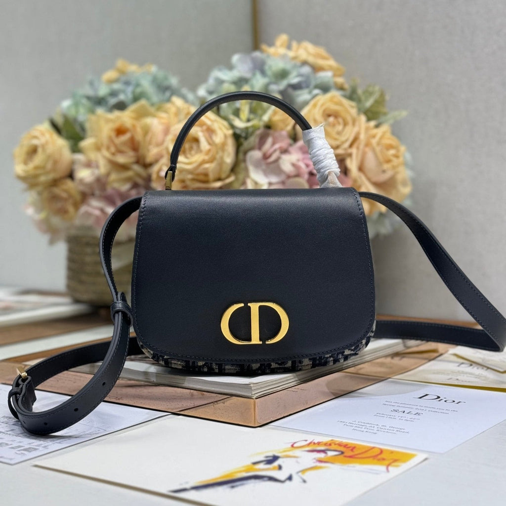 スモール 19 モンテーニュ アベニュー トップハンドルバッグ ブルー ディオール オブリーク ジャカード＆ブラック スムースカーフスキン