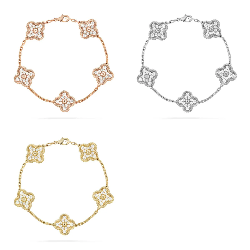 [⭐JeweliWhal] مجموعة سوار CLOVER 5 MOTIF المرصعة بالماس بالكامل