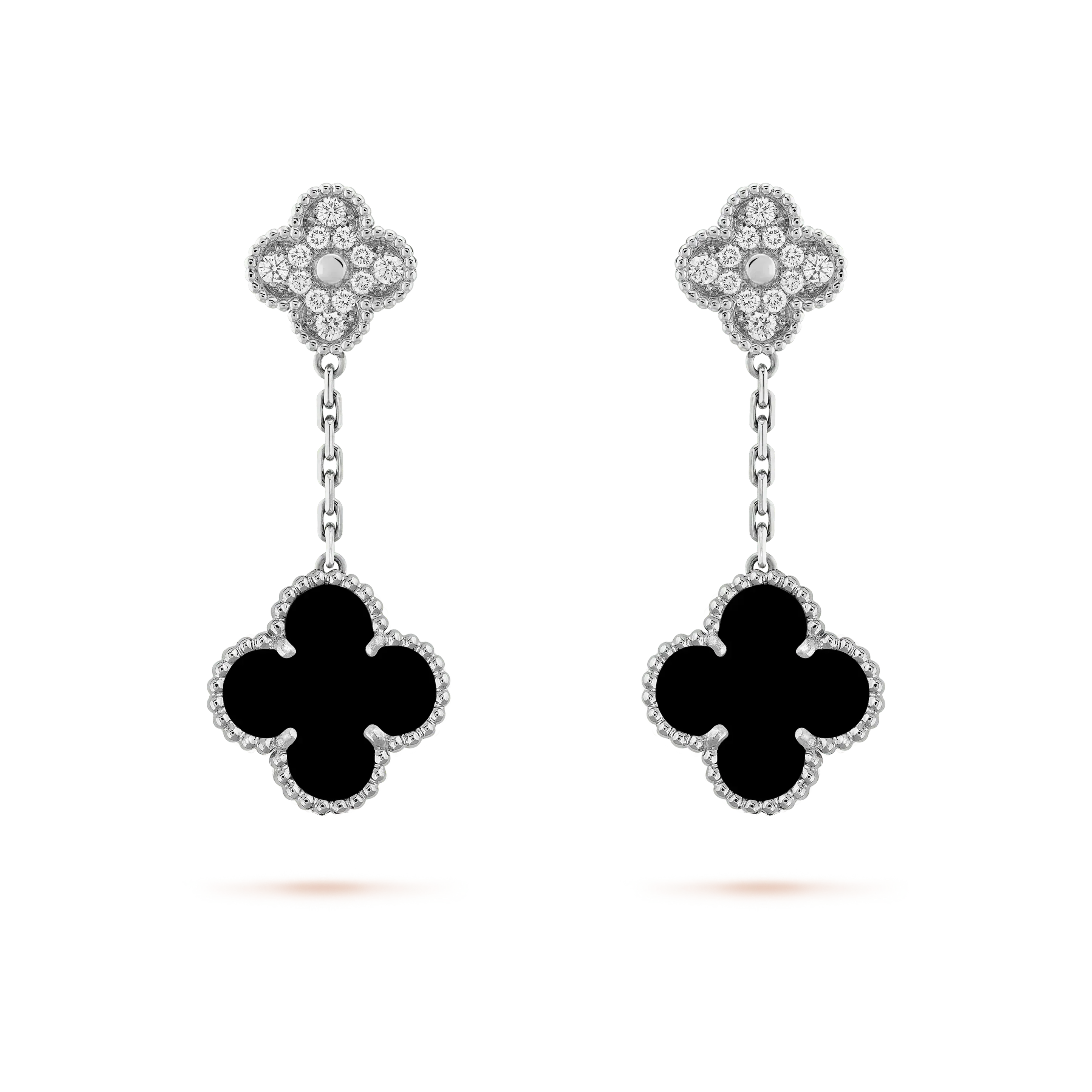 [⭐JeweliWhal]CLOVER 2 MOTIFS  DIAMOND ONYX EARRINGS SILVER