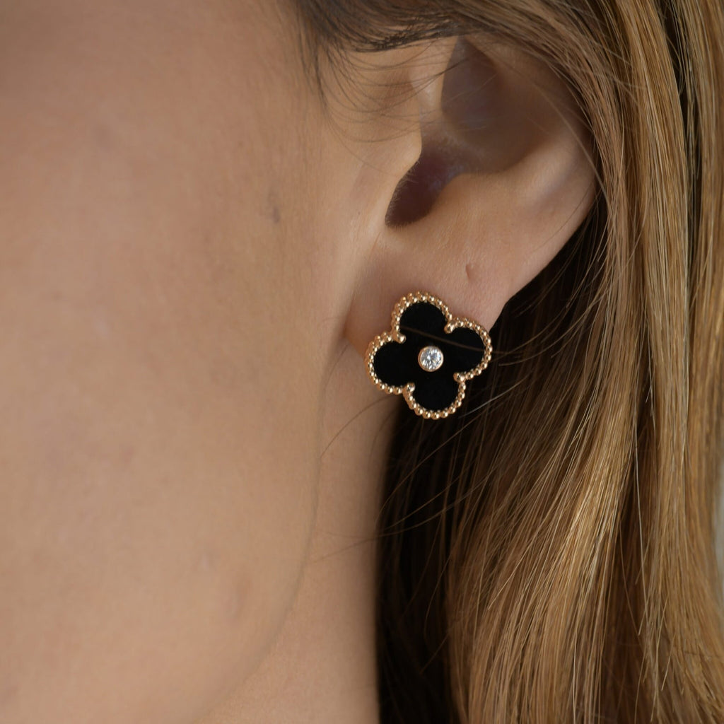 [⭐JeweliWhal]CLOVER MEDIUM 1 MOTIFS ONYX DIAMOND EARRINGS