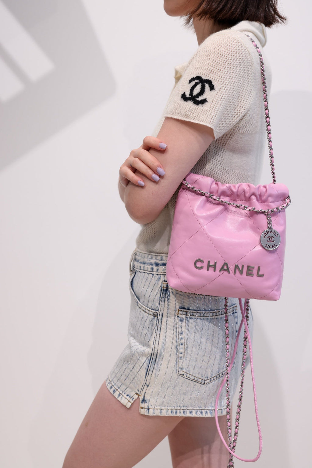 CC ホーボーバッグ 22 ピンク ラムスキン シルバー金具 20cm