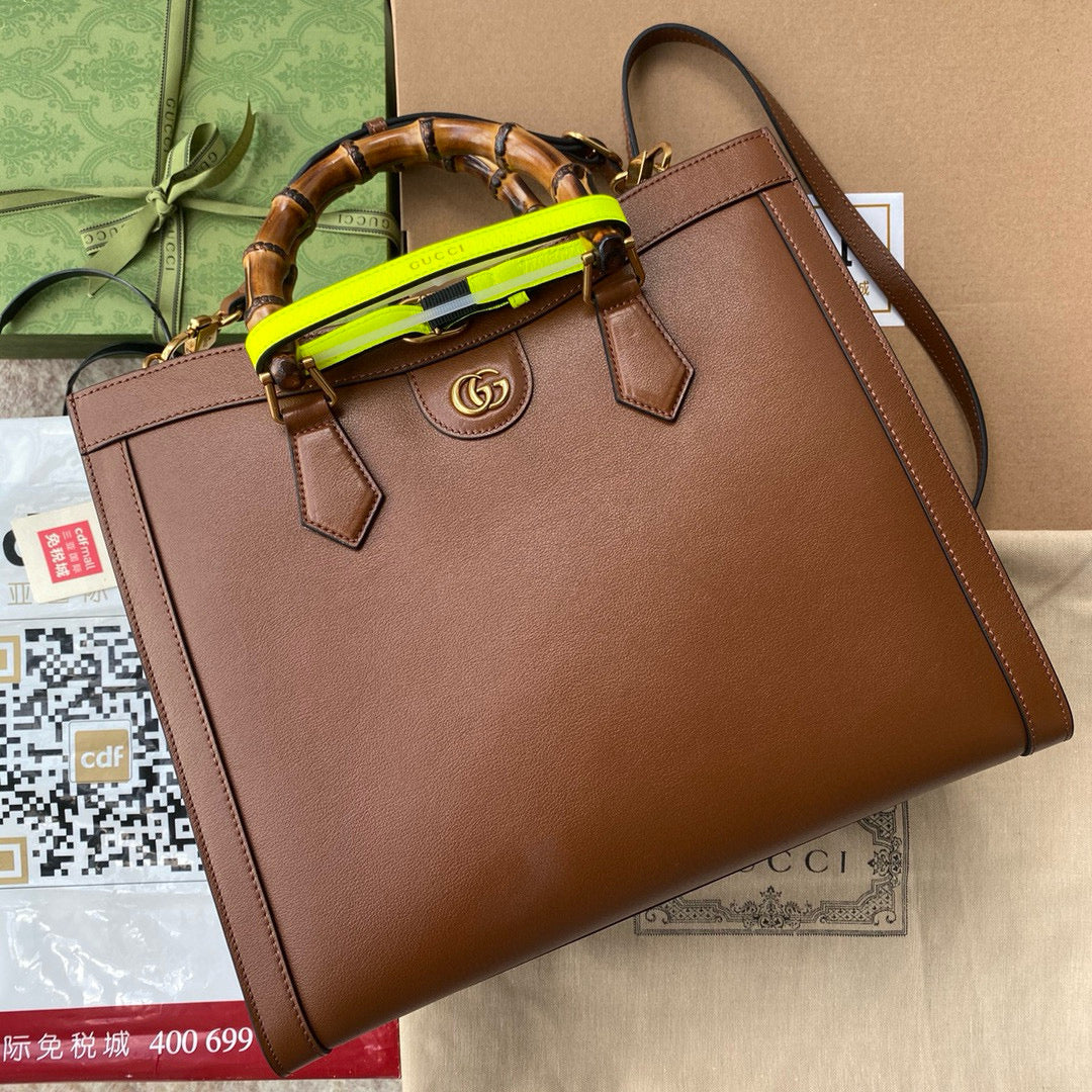 ミディアム ダイアナ トートバッグ 35インチ ブラウン ラッカー カーフスキン バンブーハンドル